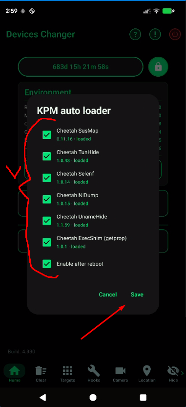 KPM auto loader: select the modules, enable after reboot, and tap Save