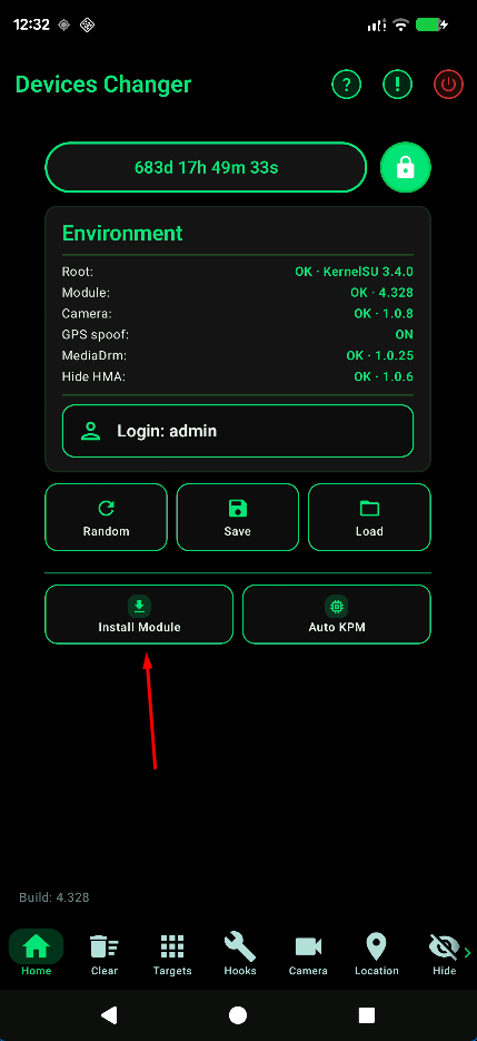 Device Changer home: tap Install Module