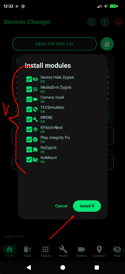 Install modules dialog: tap Install