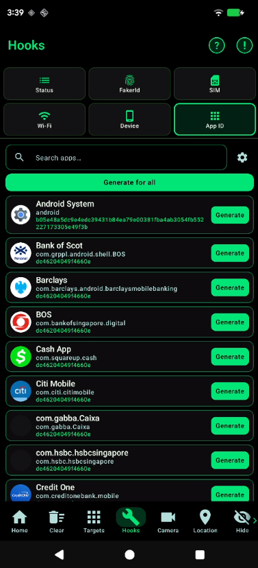 App ID screen with per-app Generate buttons