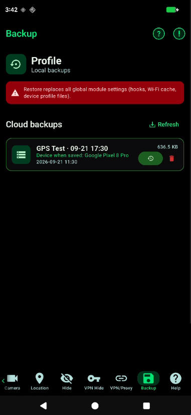 Backup screen with a cloud profile