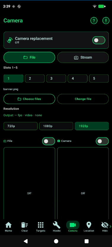 Camera replacement screen with file and stream options