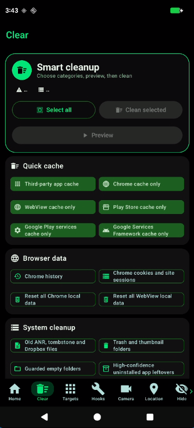 Clear screen with smart cleanup and cache actions
