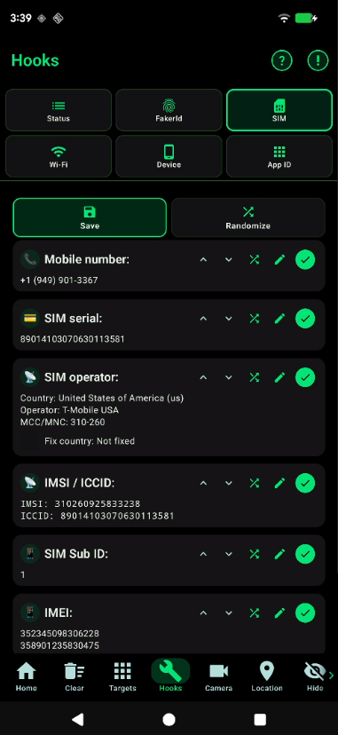 SIM hooks for number, operator, IMSI, and IMEI