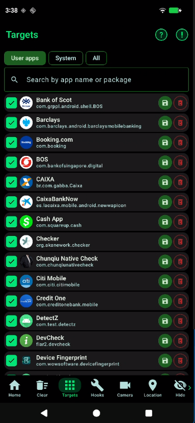 Targets screen with selected test apps