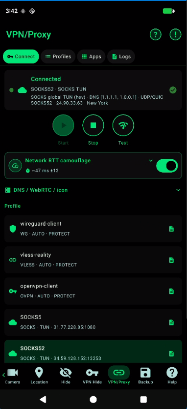VPN proxy connected to a SOCKS profile