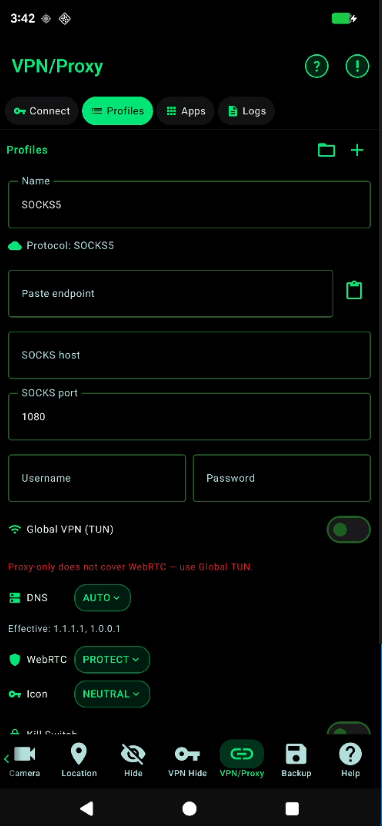 SOCKS profile editor
