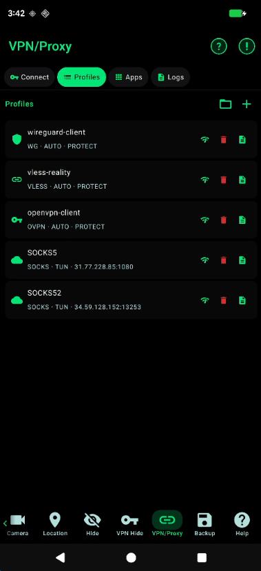 Saved VPN and proxy profiles