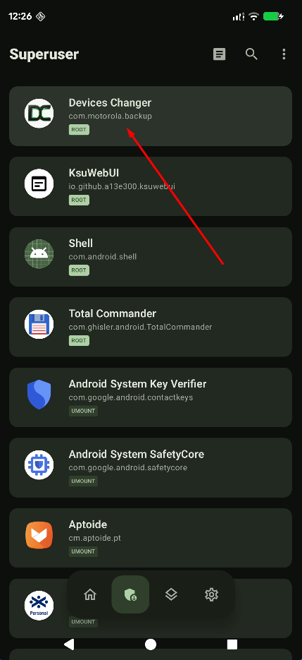 Superuser list: open Devices Changer