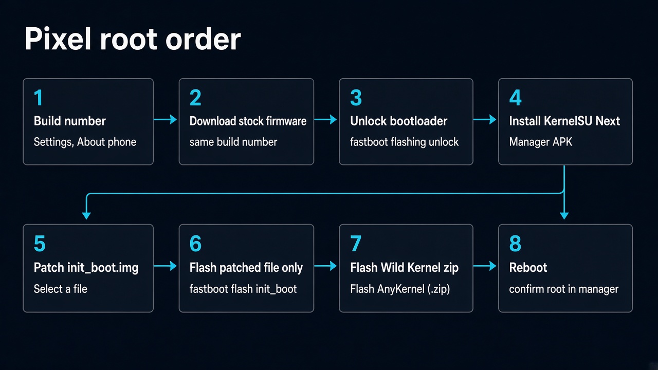 Pixel root order: build number, stock firmware, unlock, KernelSU Next, patch init_boot, flash the patched file, Wild Kernel zip, reboot