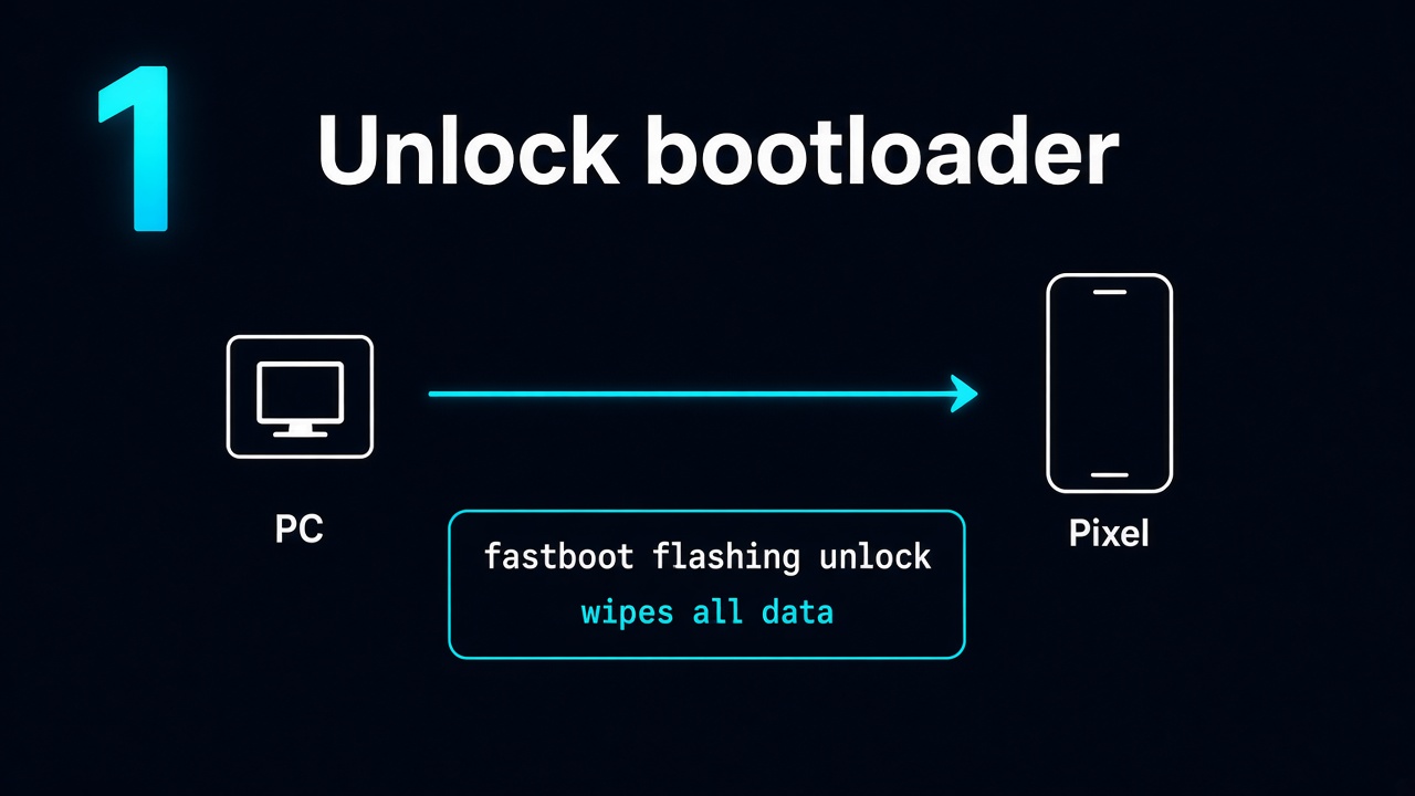Unlock the bootloader from the PC with fastboot flashing unlock. This wipes the phone